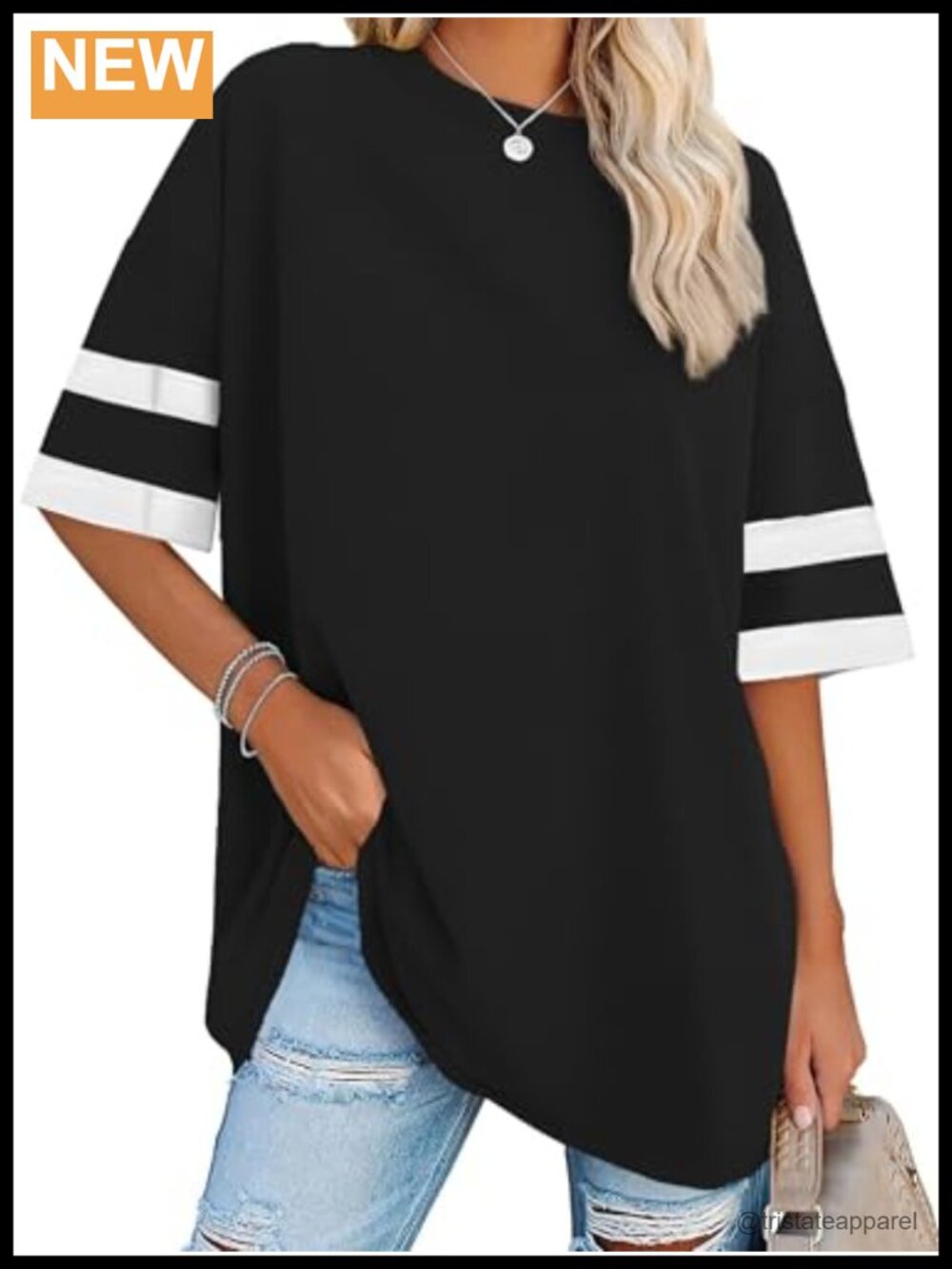 Oversized T-Shirt Womens Crew Neck Short Sleeve Striped Cuff